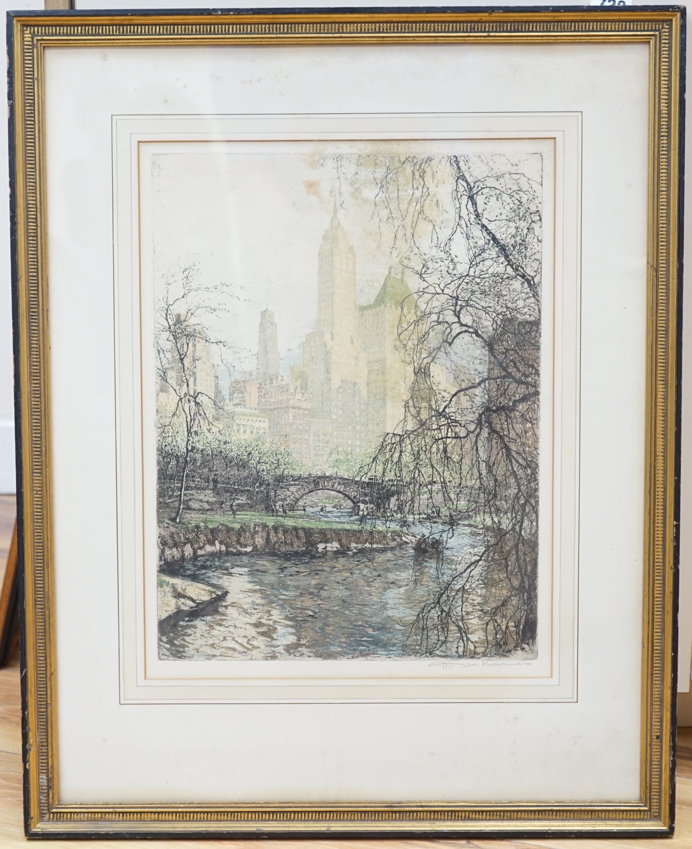 Tanna Kasimir Hoernes (Austrian, 1887-1972) colour etching, 'Central Park, New York', signed in pencil, J Assenheim & Son label verso, 42 x 32cm